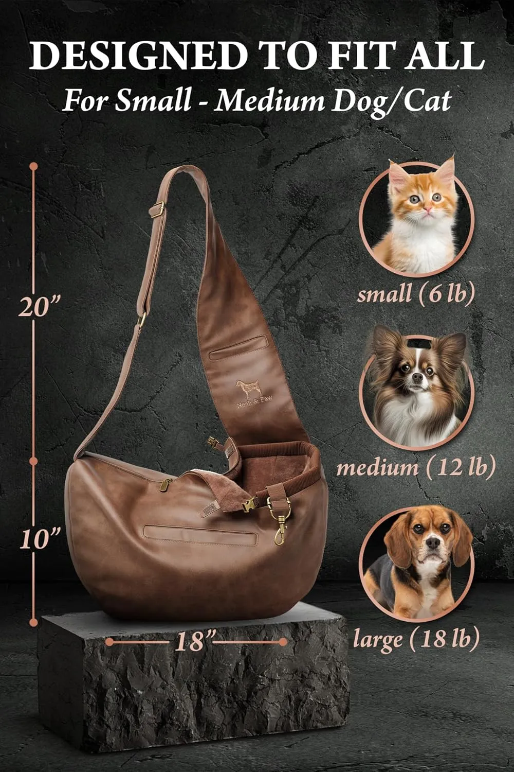 Noah & Paw Dog Sling Carrier for Small Dogs 5-18lb, Dog Sling for Small Dogs and Cats, Dog Carrier with Adjustable Padded Strap, Vegan Leather Lined with Fur, 3X Safety Features, Machine Washable
