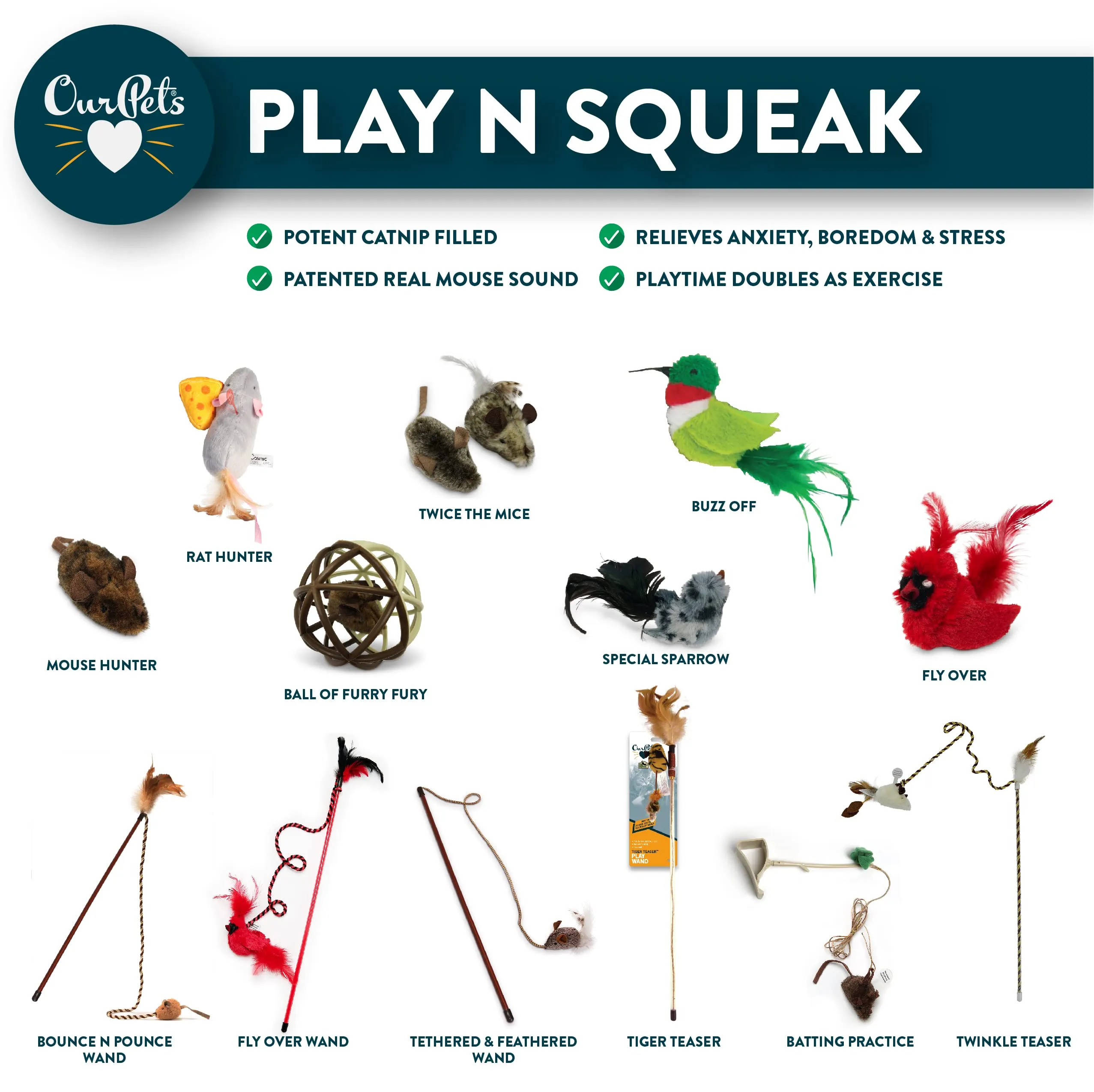 OurPets Play N' Squeak Tiger Teaser Plush and Feather Cat Wand
