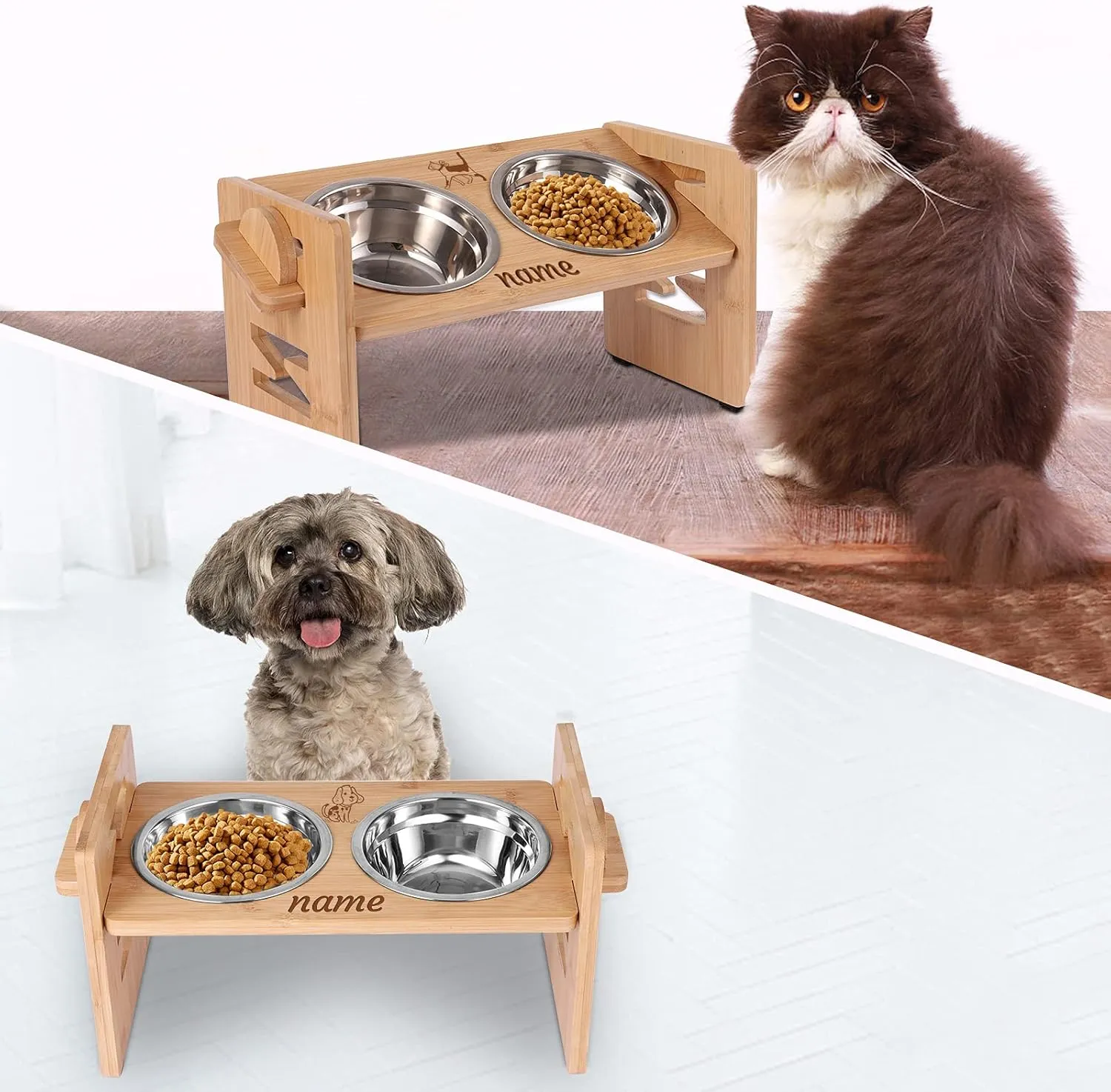 Personalized Elevated Dog Bowls with Name And Pattern, Adjustable Raised Dog Bowls for Medium&Small Dogs, Bamboo Dog Food Bowl Stand with 2 Stainless Steel Bowls and Nonslip Silicone Pad (Cat)