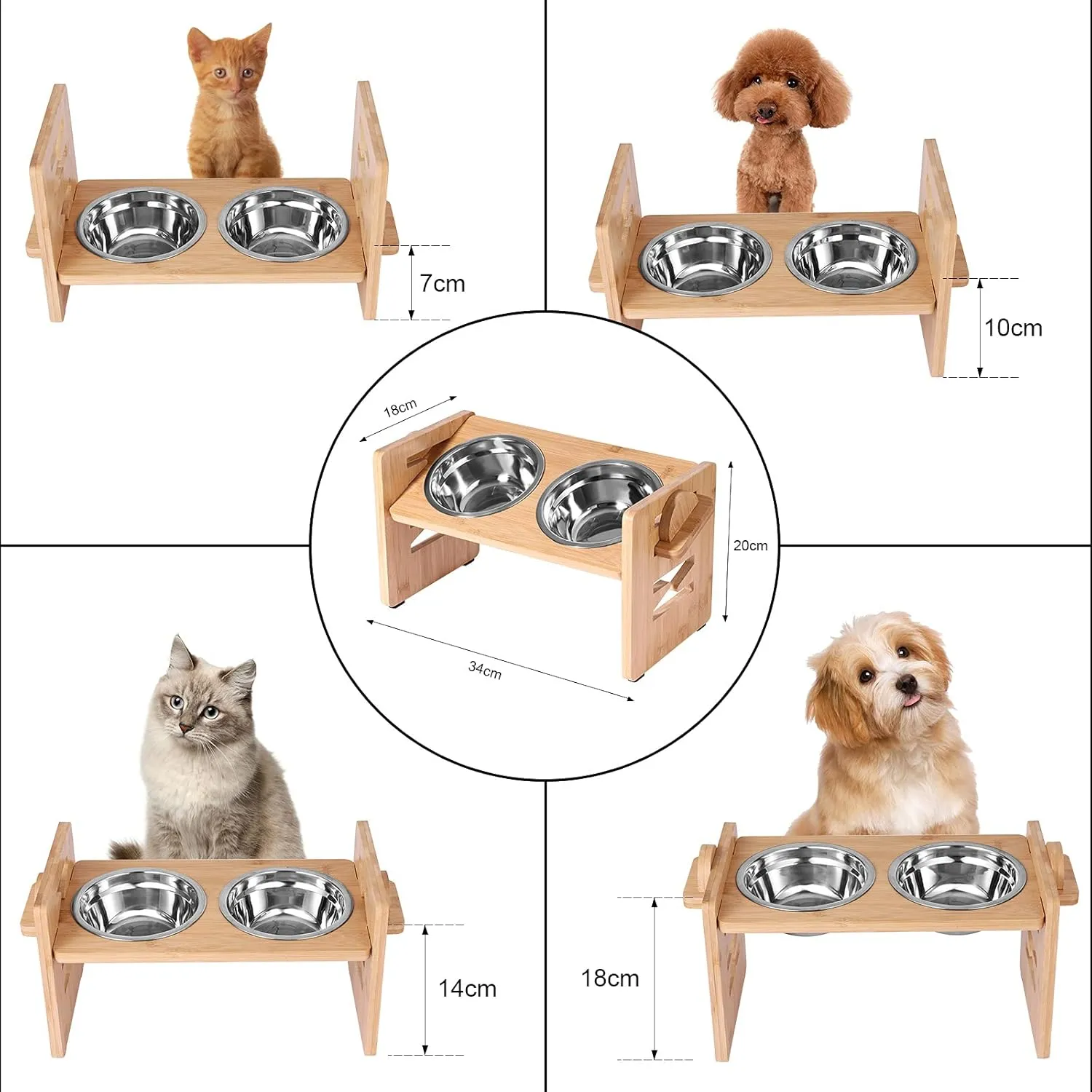 Personalized Elevated Dog Bowls with Name And Pattern, Adjustable Raised Dog Bowls for Medium&Small Dogs, Bamboo Dog Food Bowl Stand with 2 Stainless Steel Bowls and Nonslip Silicone Pad (Cat)