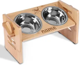 Personalized Elevated Dog Bowls with Name And Pattern, Adjustable Raised Dog Bowls for Medium&Small Dogs, Bamboo Dog Food Bowl Stand with 2 Stainless Steel Bowls and Nonslip Silicone Pad (Cat)