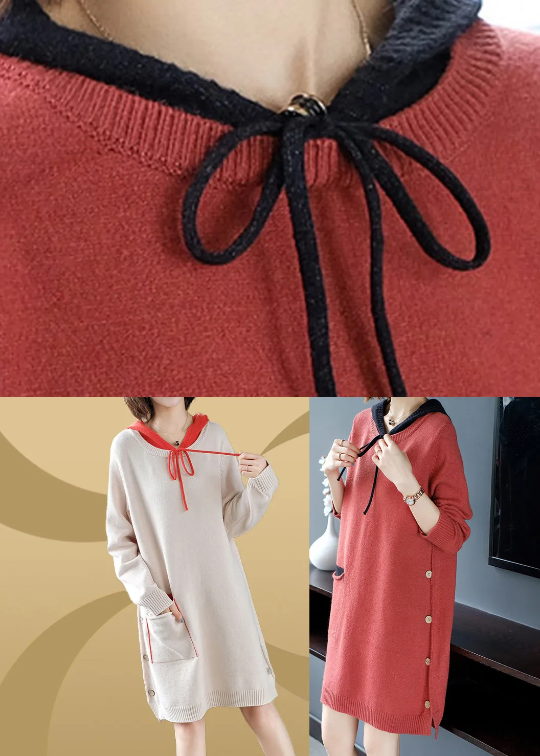 Plus Size Brick Red Patchwork Button Thick Hooded Knit Woolen Sweater Dress Fall HA1021