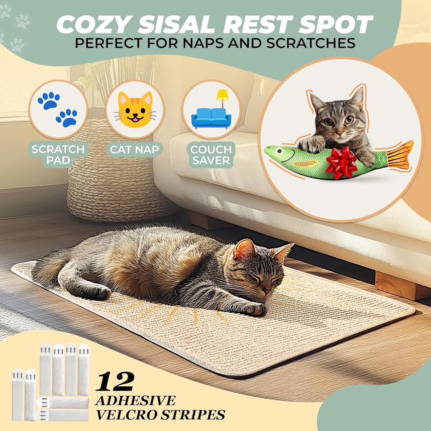 Sisal Cat Scratcher, Catnip Fish Toy, Cat Wall Scratcher, Couch Protector, Scratching Mat - 24 X 15.8 with 12 Adhesive Velcro Stripes