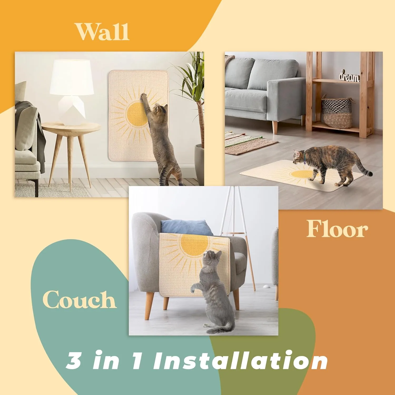 Sisal Cat Scratcher, Catnip Fish Toy, Cat Wall Scratcher, Couch Protector, Scratching Mat - 24 X 15.8 with 12 Adhesive Velcro Stripes