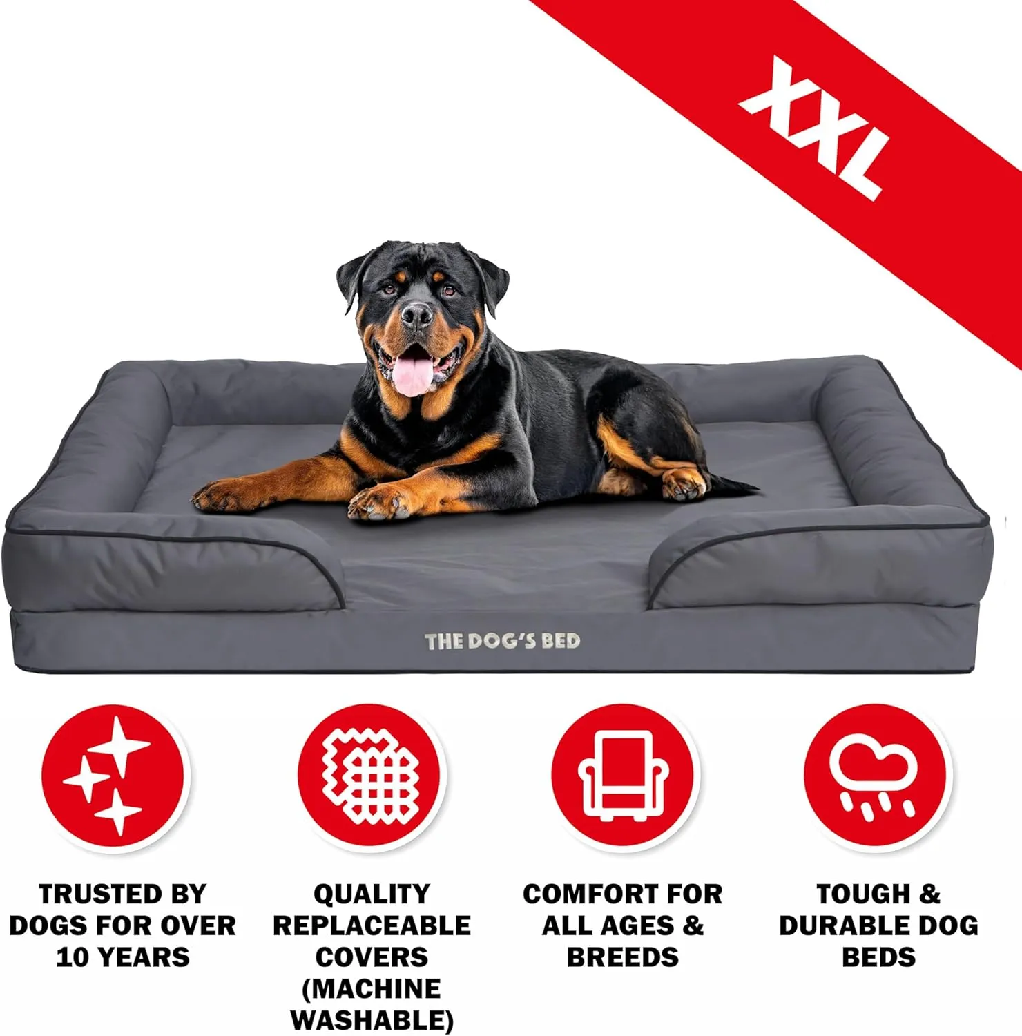 The Dogs Bed, Orthopedic Standard Foam Waterproof Dog Bed with Standard Support, XXL Grey with Black Trim, Waterproof, Supportive Dog Bed with Replaceable Covers, Veterinary Approved