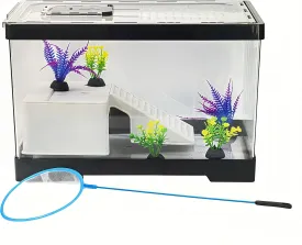 Turtle Tank with Escape-Proof Lid & Basking Platform, Aqua-Terrestrial Habitat for Amphibian, Desktop Terrarium with Bottom Drainage & Pull-Out Cleaning, Egg-Laying Hibernation Design