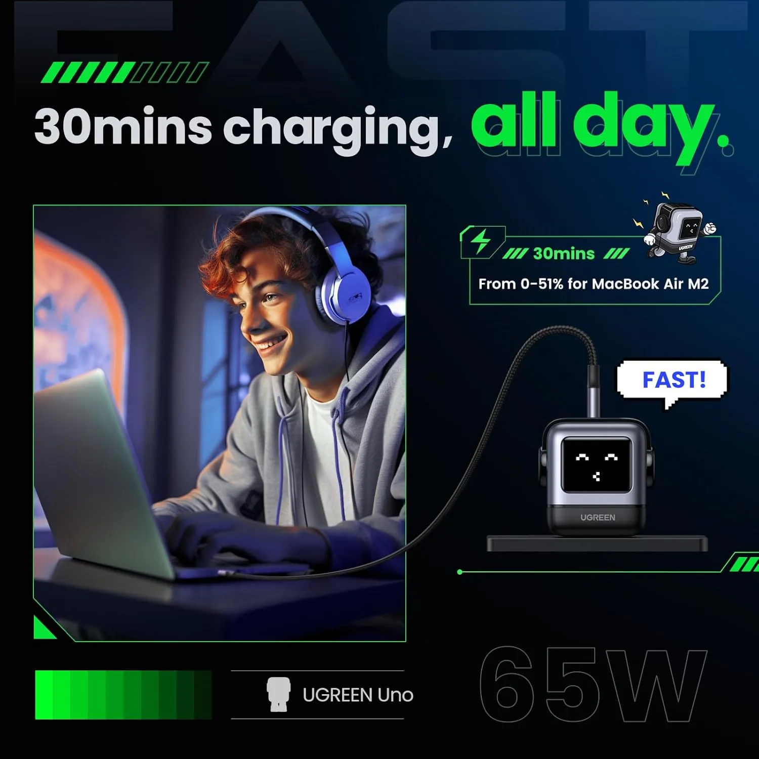 UGREEN Uno 65W USB C Charging Block Nexode 3-Port GaN Charger Compact Fast USB C Power Adapter for MacBook Pro/Air, XPS 13, Note 20/10 , iPhone 16/15, Galaxy S24/S23, Steam Deck, ROG Ally(Black)