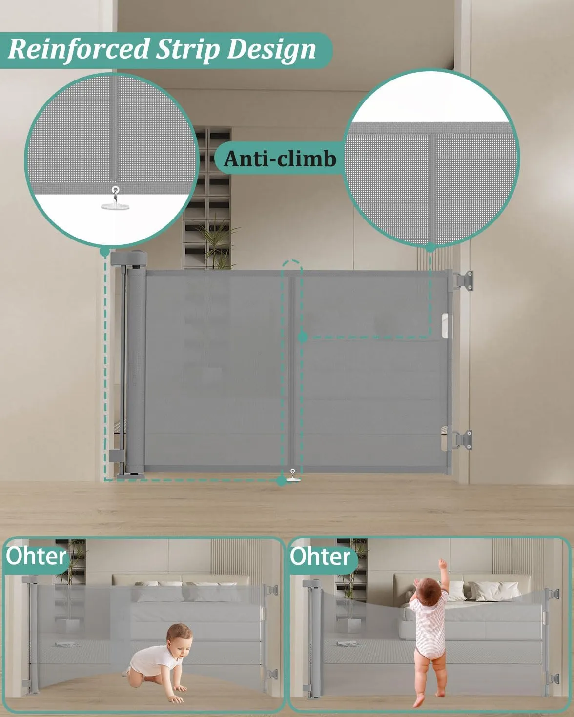 Upgrade 59" Retractable Baby Gates with Reinforced Strip Design to Prevent Crawling Through, 34" Tall Retractable Gate for Baby and Pet, 5 FT Baby Gates for Stairs, Doorways, Hallways