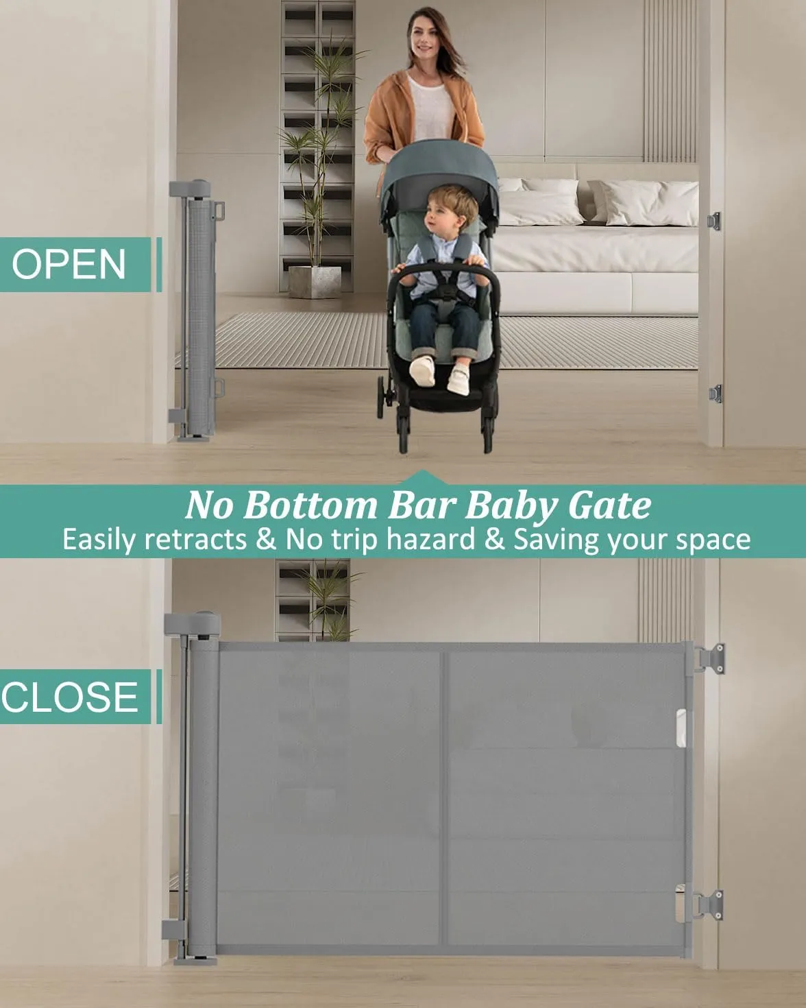 Upgrade 59" Retractable Baby Gates with Reinforced Strip Design to Prevent Crawling Through, 34" Tall Retractable Gate for Baby and Pet, 5 FT Baby Gates for Stairs, Doorways, Hallways