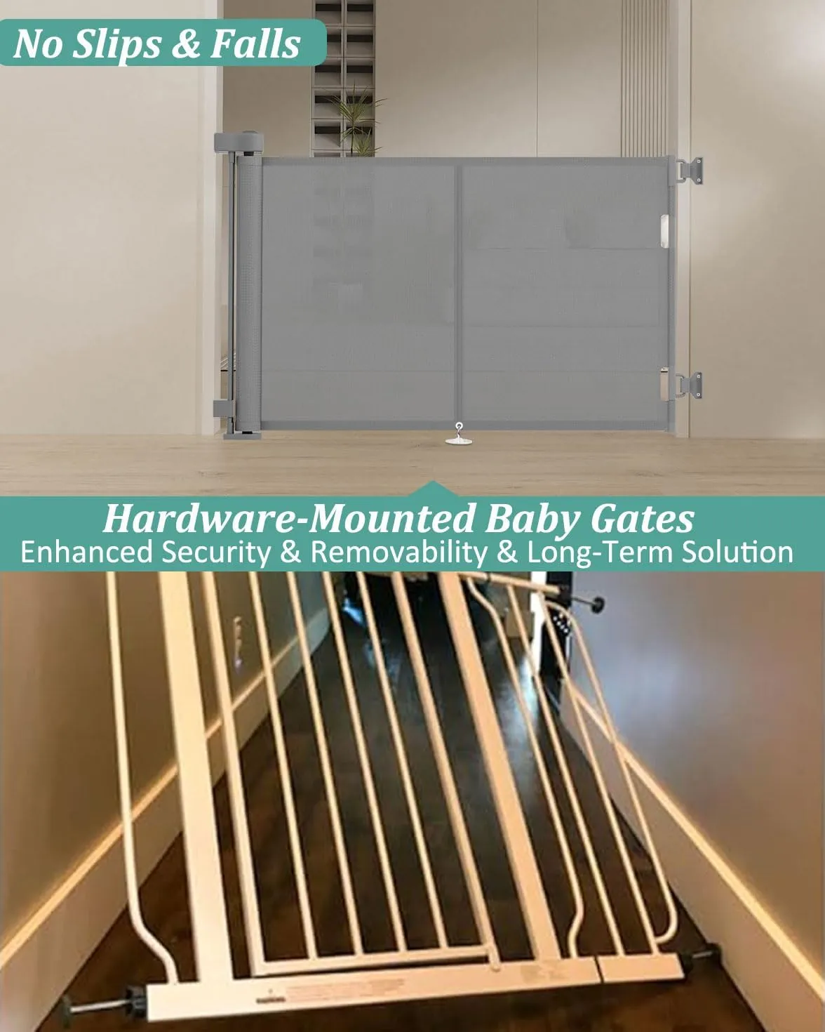 Upgrade 59" Retractable Baby Gates with Reinforced Strip Design to Prevent Crawling Through, 34" Tall Retractable Gate for Baby and Pet, 5 FT Baby Gates for Stairs, Doorways, Hallways