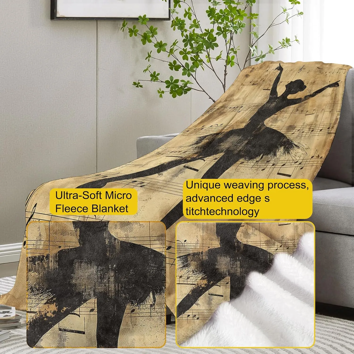 Vintage Ballerina Throw Blanket Gifts, Soft Cozy Fleece Blanket with Ballet Dancer and Musical Notes Print, Blanket for Couch Bed Sofa, Perfect for Dancers and Music Lovers, 50x60 in
