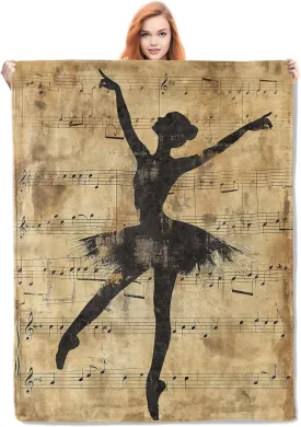 Vintage Ballerina Throw Blanket Gifts, Soft Cozy Fleece Blanket with Ballet Dancer and Musical Notes Print, Blanket for Couch Bed Sofa, Perfect for Dancers and Music Lovers, 50x60 in