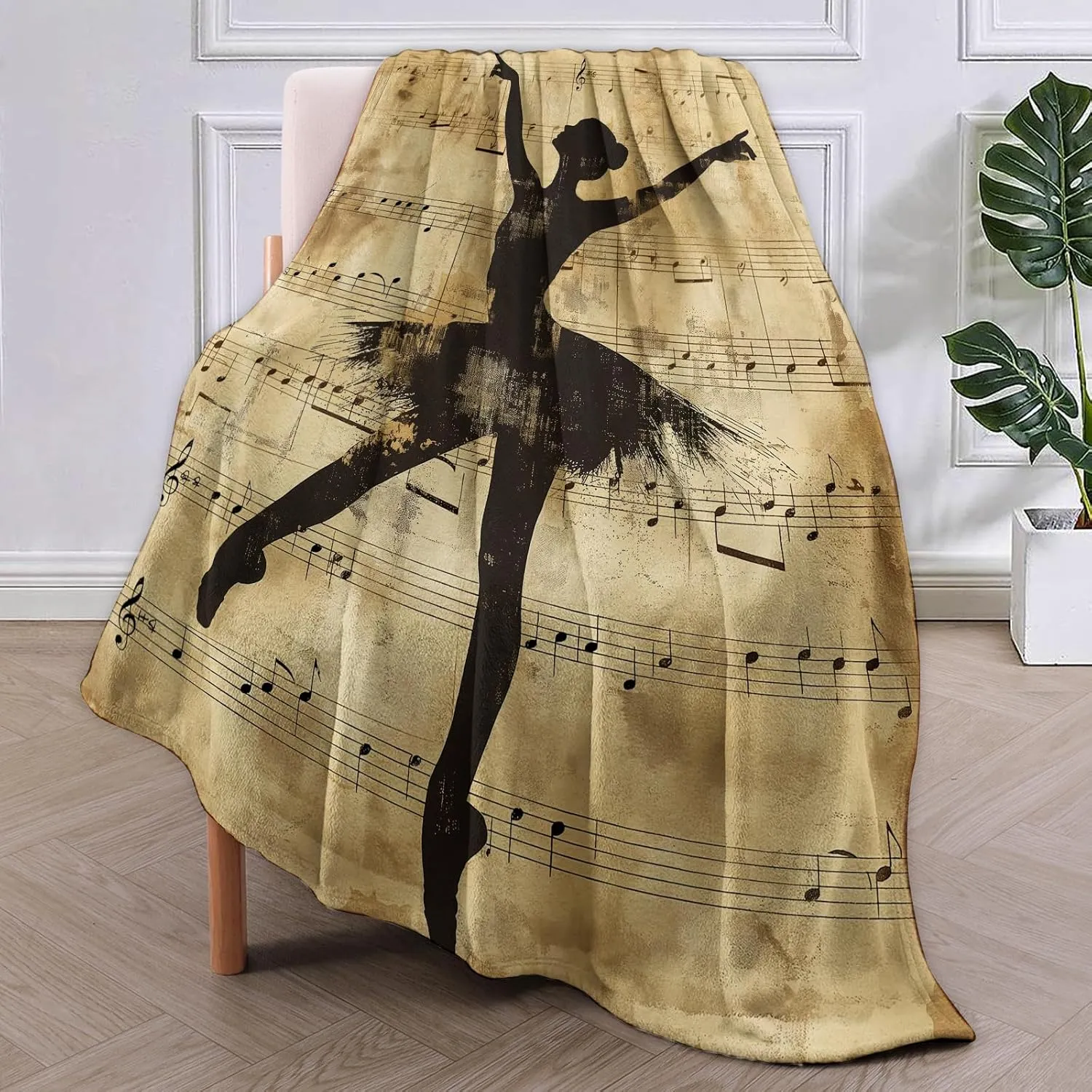 Vintage Ballerina Throw Blanket Gifts, Soft Cozy Fleece Blanket with Ballet Dancer and Musical Notes Print, Blanket for Couch Bed Sofa, Perfect for Dancers and Music Lovers, 50x60 in