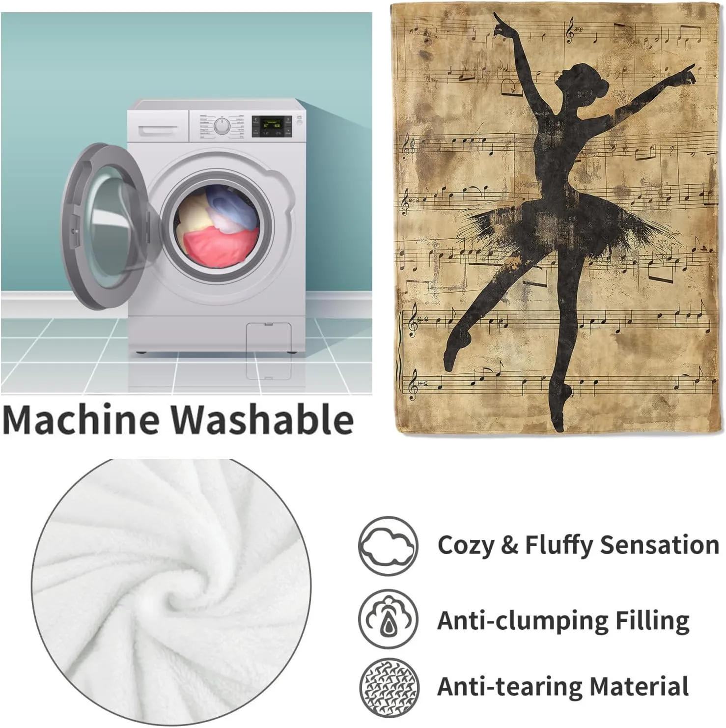 Vintage Ballerina Throw Blanket Gifts, Soft Cozy Fleece Blanket with Ballet Dancer and Musical Notes Print, Blanket for Couch Bed Sofa, Perfect for Dancers and Music Lovers, 50x60 in
