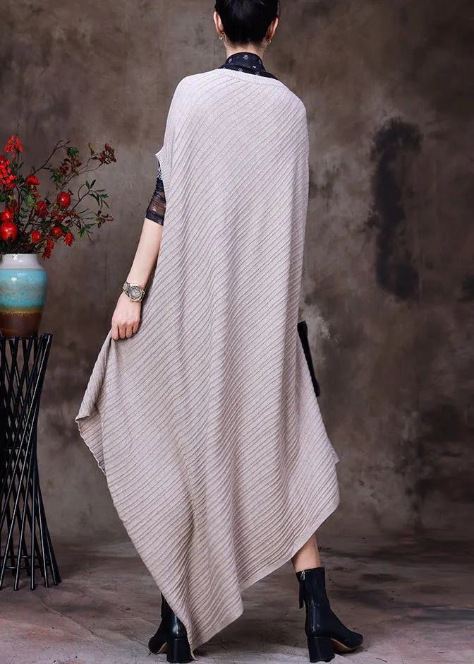 Vintage Beige V Neck Asymmetrical Woolen Knit Long Sweater Fall HA1033