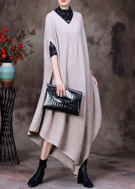 Vintage Beige V Neck Asymmetrical Woolen Knit Long Sweater Fall HA1033