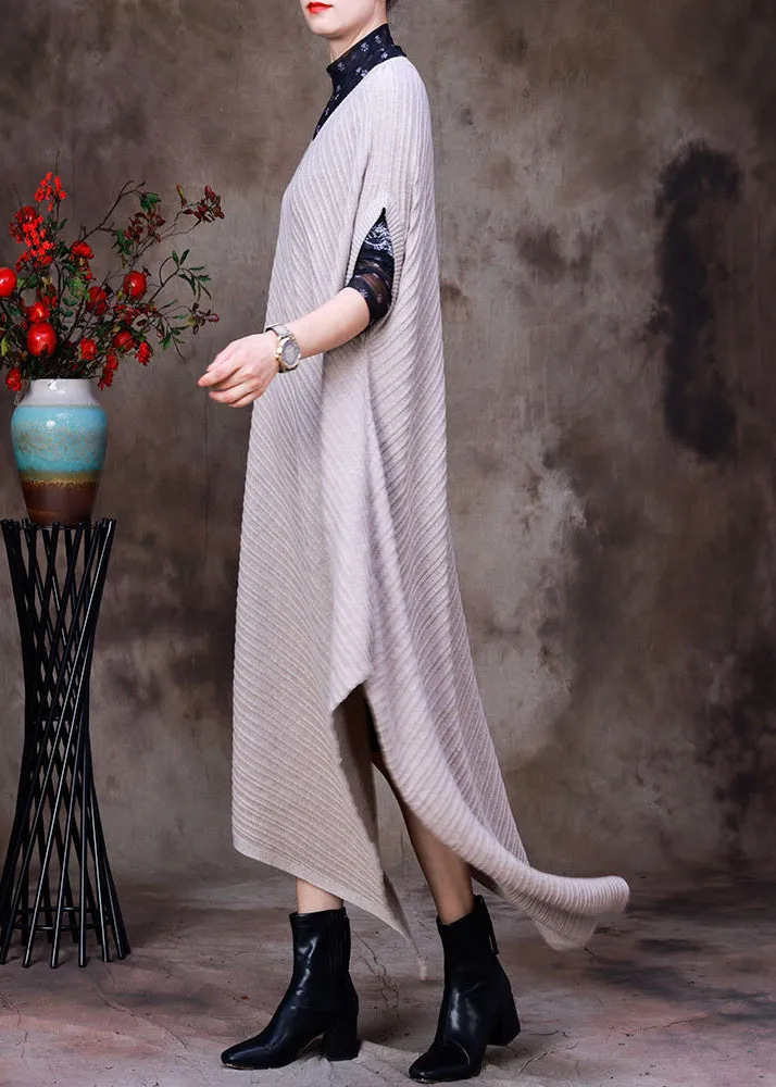 Vintage Beige V Neck Asymmetrical Woolen Knit Long Sweater Fall HA1033