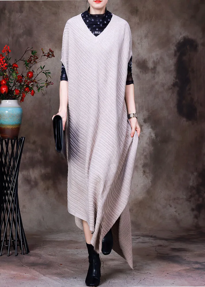 Vintage Beige V Neck Asymmetrical Woolen Knit Long Sweater Fall HA1033