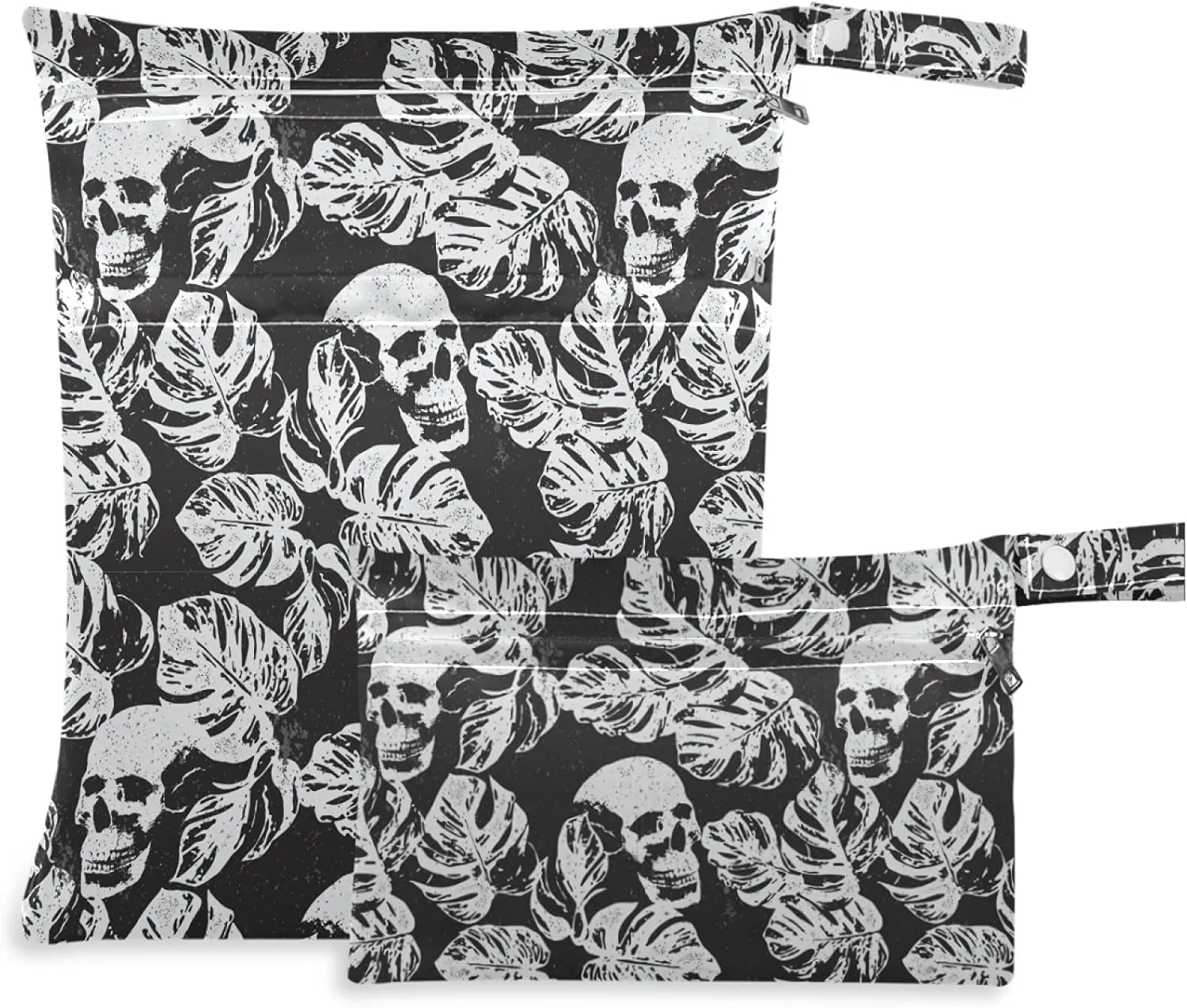 visesunny Skull Leaf Black Pattern 2Pcs Wet Bag with Zippered Pockets Washable Reusable Roomy for Travel,Beach,Pool,Daycare,Stroller,Diapers,Dirty Gym Clothes, Wet Swimsuits, Toiletries