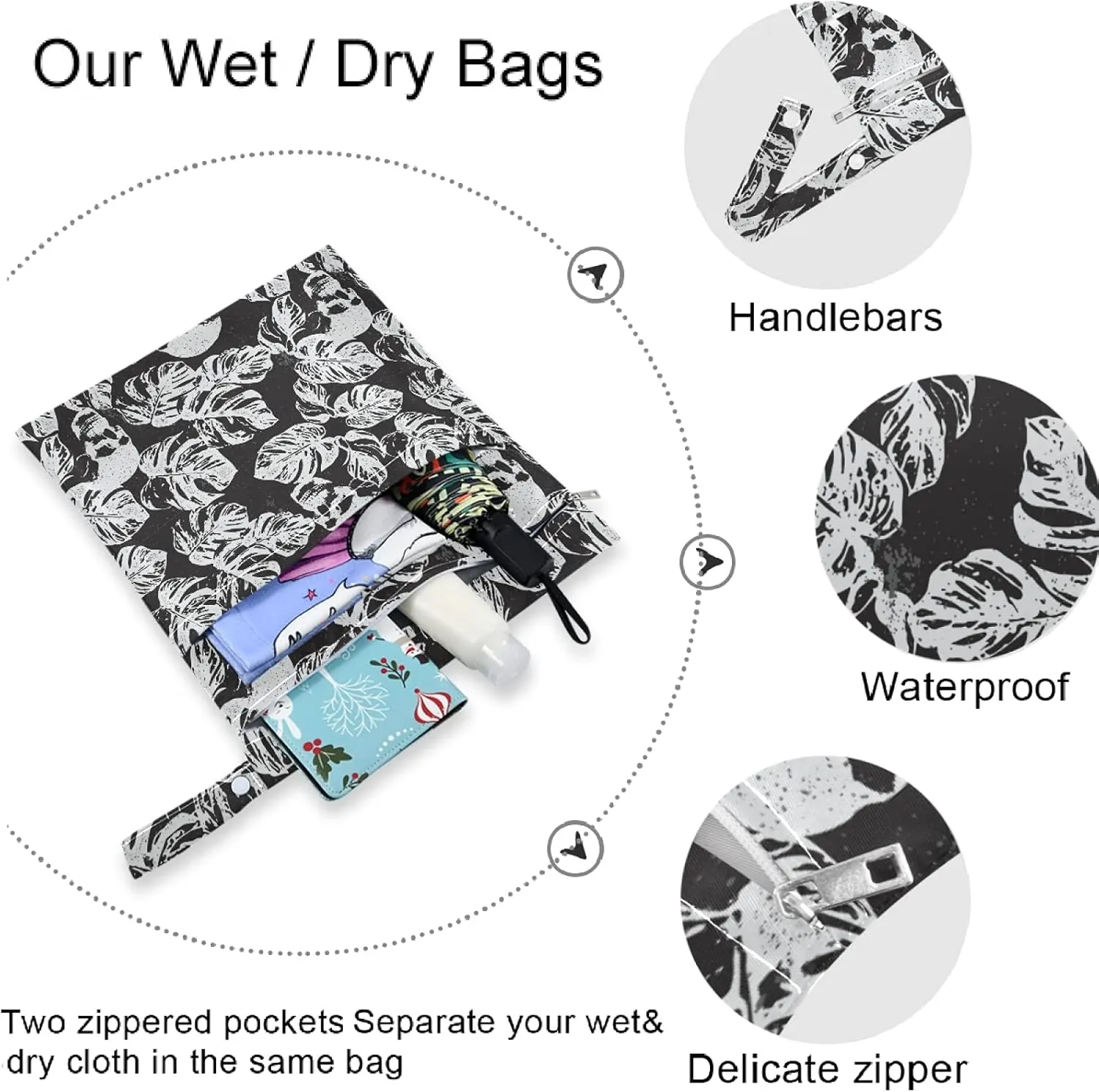 visesunny Skull Leaf Black Pattern 2Pcs Wet Bag with Zippered Pockets Washable Reusable Roomy for Travel,Beach,Pool,Daycare,Stroller,Diapers,Dirty Gym Clothes, Wet Swimsuits, Toiletries