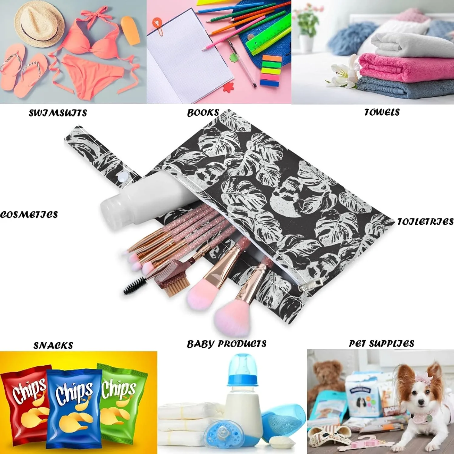 visesunny Skull Leaf Black Pattern 2Pcs Wet Bag with Zippered Pockets Washable Reusable Roomy for Travel,Beach,Pool,Daycare,Stroller,Diapers,Dirty Gym Clothes, Wet Swimsuits, Toiletries