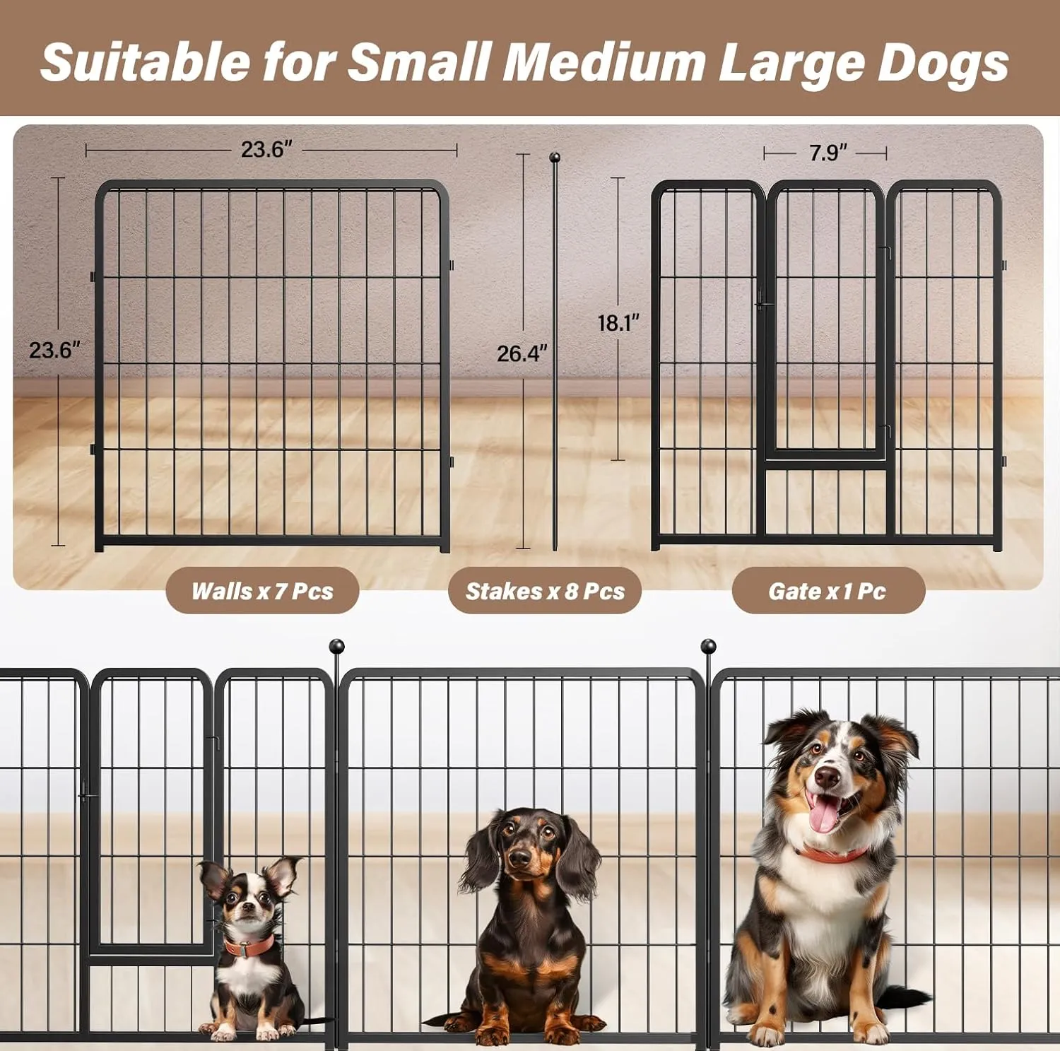 YSSOA Dog Playpen Indoor, Puppy Playpen Indoor Outdoor for Yard, Camping, RV, 24" Height 8 Panels Heavy Duty Dog Pen for Puppies/Small Dogs, Black